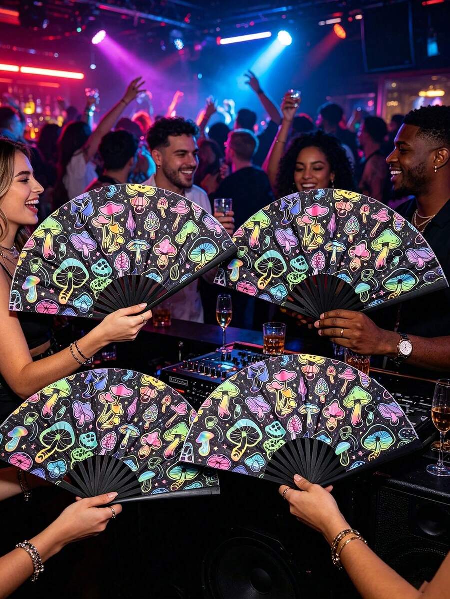 Large Foldable Handheld Rave Fan, Y2K Folding Fan, Suitable For Line Dancing, Music Festivals, Carnivals, Rainbow Outfits, Disco, Neon Party Decor, Mushroom Pattern, Dance Performance Decoration Gift