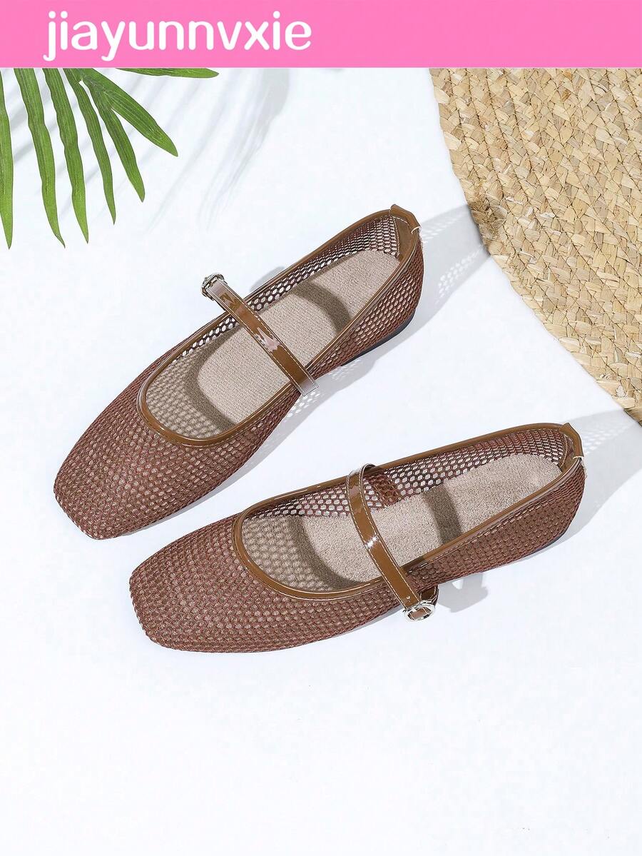 Women's Mesh Ballet Flats, Breathable Square Toe Granny Shoes, Soft Bottom Flat Shoes
