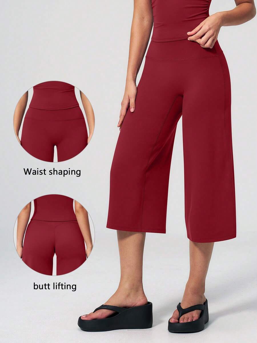 TimeOff Women's 1pc Solid Color Tummy Control Wide Leg Mid-Length Sports Pants - Redwood - View 1