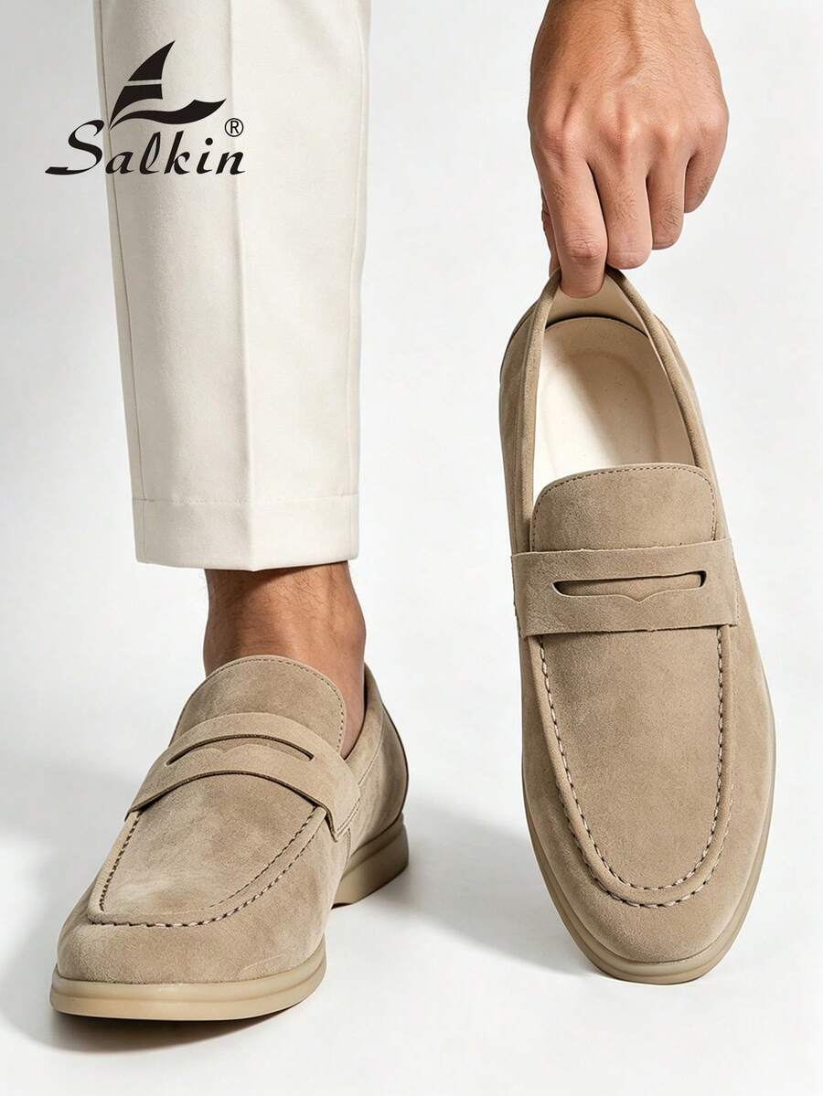 Salkin 經典復古設計男士一腳蹬樂福鞋 紳士便幣鞋 素色軟麂皮奶油色 男鞋 莫卡辛鞋 舒適日常穿著 開車鞋 優雅紳士社交鞋 學生鞋 返校季 大學風 商務通勤鞋 男士辦公室派對宴會婚禮時尚新郎鞋 全季男鞋，請選擇大一號