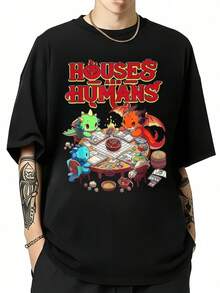 Camiseta de Algodón para Hombre con Estampado de Dibujos Animados de Dragón, Enano y Humano al Estilo de Juegos de Rol D&D - Un Regalo para Entusiastas de los Juegos - Negro - Ver 1