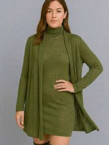Winter Set: Cardigan + Tank Dress With Lace Collar - Army Green - View 1