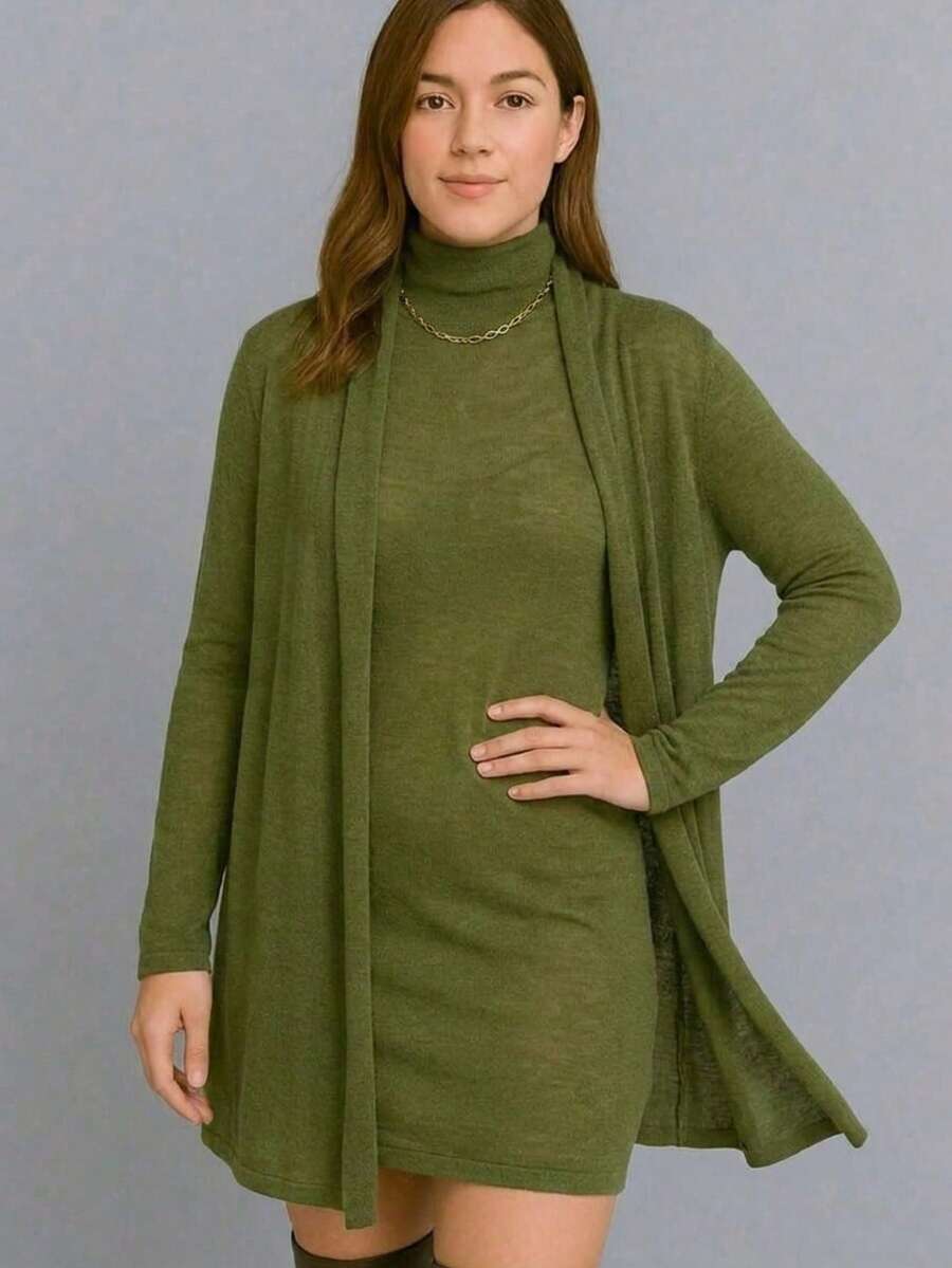 Winter Set: Cardigan + Tank Dress With Lace Collar - Army Green - View 1