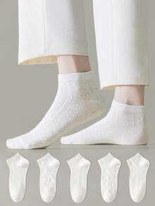 ZUJO 5 Pairs Women's Mesh Lace Trim Pure White Cable Knit Short Socks, Simple And Comfortable, Suitable For Spring, Autumn And Summer - White - View 2