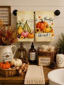 2 pièces Serviettes de cuisine à motif de feuille d'érable d'automne & citrouille pour Thanksgiving, serviettes de salle de bain, torchons, style ferme vintage, matériau microfibre, rectangulaire, motif imprimé numérique 40*60CM, convient pour la décoration de cuisine d'automne à la maison, la décoration de fête en plein air, cadeau de fête de Thanksgiving, cadeau d'anniversaire - Multicolore - Voir 6