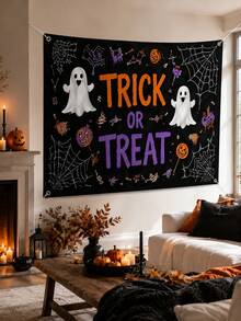 1件裝黑色萬聖節 Trick Or Treat 幽靈印花牆掛布，萬聖節風格聚酯纖維長方形掛旗，含蜘蛛網、糖果與南瓜元素，適用臥室、宿舍、派對、鬼屋與秋季裝飾 - 多色 - 查看 3