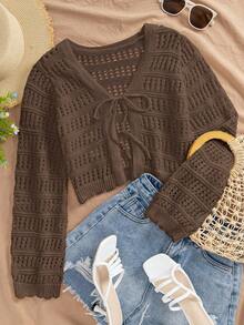 Crochet Hollow Out Cropped Cardigan Women Lightweight Open Front Knit Cover Up Beach Vacation Summer Daily Casual Outfit - Brown - View 5