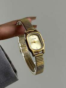 1 pieza Reloj de cuarzo con patrón de bambú cuadrado en oro/plata, adecuado para uso diario, regalo de cumpleaños, Navidad - Dorado - Ver 2