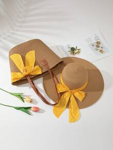 Set Topi Jerami dan Tas Anyaman Wanita, Topi Jerami Bertepi Lebar dengan Bagian Atas Datar Pelindung Matahari, Serbaguna untuk Perjalanan dan Fotografi - Topi khaki kuning - View 3
