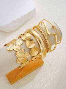 Juego de 6 pulseras de metal abiertas con diseño floral suave, disco redondo geométrico y capas de ondas - Dorado - Ver 2