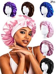 Awegeo 2Pcs Women's Bonnet Solid Color Tie Design Silky Satin Cap Casual Comfortable Home Sleep Cap Daily Hair Protection Cap - 2Pcs - View 9