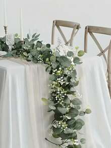 Artificial Eucalyptus Garland With White Flowers, Silver Dollar Eucalyptus Leaves And Baby's Breath, Faux Greenery Vine, Suitable For Wedding, Party, Fireplace Mantel, Table Runner, Home Decor, Office Decor - Apple Leaf Cane-green - View 9