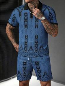 Men's Vacation Casual Geometric Print Polo Shirt & Shorts Set - Blue - View 4