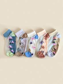5 Pairs Women's Summer Cartoon Pattern Ultra-Thin Sheer Lace Mesh Socks, Comfortable Breathable Floral Print Anti-Snag Elegant Daily Socks, Versatile For Everyday Wear - Multicolor - View 2