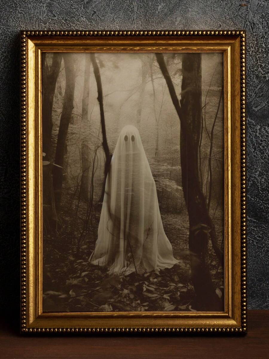 1pc Framed Canvas Wall Art, Vintage Brown Tone Misty Forest Ghost Canvas Decor, Dark Gothic Horror Halloween Retro Photo Print Framed Wall Hanging, Suitable For Modern Home Decor, Room Decoration - Forest Ghost - View 1