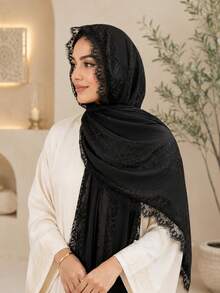 1pc Women Matte Satin Jacquard Hijab Scarf, Opaque Eyelash Lace Trim Muslim Headscarf Shawl For Abaya, 70.9 X 27.6 In - 2# Black - View 7