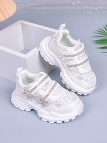 1 Pair Girls' Rhinestone Butterfly Sneakers, Toddler Hook And Loop Versatile Princess Style Thick Sole Casual Shoes, Mesh Breathable Princess Style Chunky Sneakers, Soft Sole Non-Slip Hook And Loop Children's Casual Shoes - White - View 7