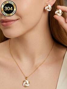 Premium Geometric Enamel Earrings & Necklace Set, Crafted From High-Quality Hypoallergenic Stainless Steel. Women's Wedding And Coming-Of-Age Gift - Multicolor - View 2