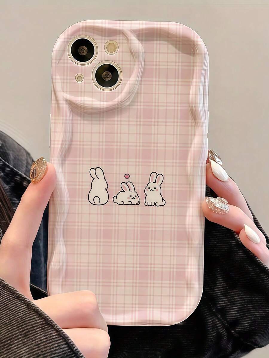 1 buah Casing Ponsel Cream Dopamine Wave Ruffle Tekstur TPU Lembut Motif Kelinci Kotak-kotak Lucu Kompatibel Dengan Galaxy S21 S22 S23 S24 S25 S26/Honor/ Dan Model Lainnya - Putih - View 1