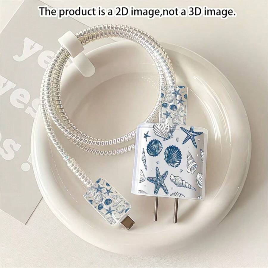 5件組極簡海洋系列透明充電器保護套組,數據線保護套、充電頭保護套,適用於 20W/18W充電器,節日小禮物,送給女友和好友 - 無色 - 查看 1