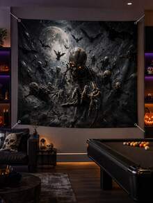 1pc Halloween Skeleton Swarm Backdrop, Full Moon, Flying Bats, Glowing Eyes And Reaching Bone Hand Print Polyester Rectangular Background Cloth With 4 Grommets For Porch, Photo Booth, Haunted House, Horror Party And Fall Decor - Multicolor - View 5