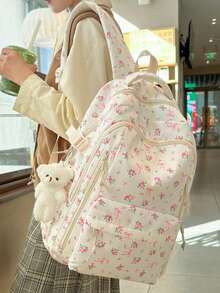 New Back To School Season Fashion Printed Women's Backpack, Multi-Compartment Pocket Design, Thickened Student Backpack, Waterproof Backpack, With Teddy Bear Pendant Accessory, Large Capacity - White - View 4