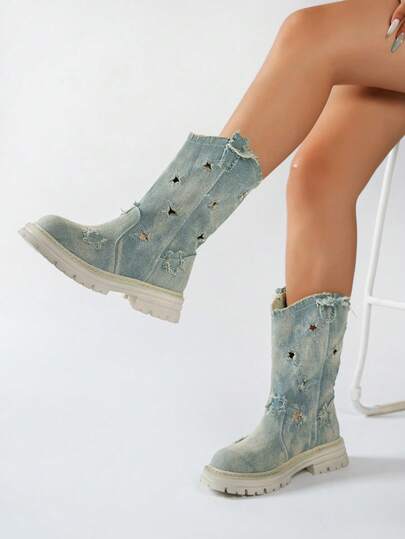 Women's Round Toe Thick Sole Ankle Boots Star Hollow Pattern Fashion Ankle Boots Minimalist Style Commuter Ankle Boots Autumn/Winter New High-Top Boots