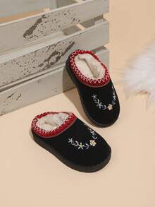 1 Pair Girls' Home Slippers, Solid Color Embroidered Fleece Lined Warm, Soft Sole Anti-Slip Minimalist Versatile, Suitable For Indoor And Outdoor Walking Wear In Winter, UG - Black - View 4