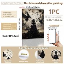 1pc Canvas Wall Art, Framed Wall Decor, Vintage Gothic Style Crows And Black Clothed Woman Canvas Painting, Dark Academia Atmosphere Oil Painting Print, Thriller Dark Pastoral Style Modern Home Decor, Room Decor, Dorm Decor, Bedroom Decor, Bathroom Decor, Kitchen Decor, Dining Room Decor, Living Room Decor, Office Decor, School Decor, Classroom Decor, Back To School Decor - Raven Girl - View 13