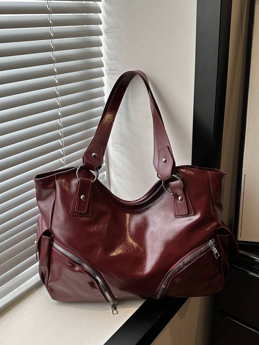 Vintage Large Capacity Tote Bag For Women, New Popular Minimalist Commuter Shoulder Bag - Red - View 1