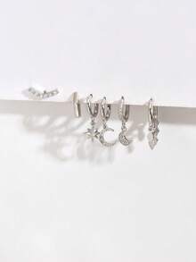 1 Set Of 6pcs Exquisite Sparkling Zirconia Earrings Studs Set, Suitable For Party, Holiday, Date Or Wedding - Silver - View 3