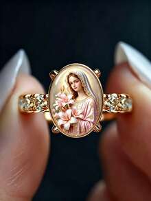 Virgin Mary Lily Pattern Oval Shaped Artificial Gemstone Ring, Gold-Tone Rhinestone Band, Women's Catholic Religious Jewelry, Perfect Gift For Girlfriend - Gold - View 10