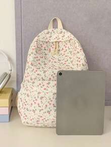 1pc White Nylon Floral Print Double Zipper Large Capacity Fashion Versatile Backpack, Student Bag - White - View 3