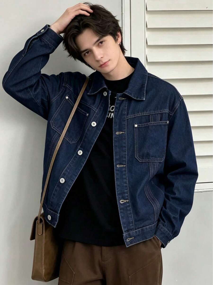 Men's Loose Fit Deep Blue Denim Jacket With Turn-Down Collar, Button Front, Chest Pockets, Workwear Street Style, Suitable For Spring And Autumn - Dark Wash - View 1