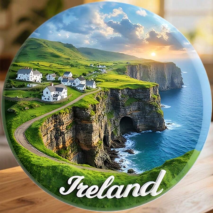 Ireland Emerald Cliffs And White Cottages Over The Atlantic Glow Magnet Where The Meadow Blossoms Over The Sea Keepsake For All Metal Surfaces Throughout The Home - A - View 1