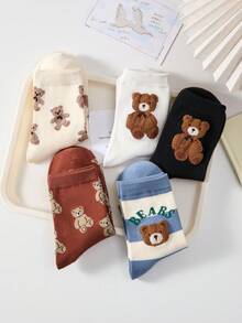 5 pares de calcetines de mujer con combinación multicolor, calcetines de media pantorrilla con doble capa de oso de peluche aterciopelado & patchwork a rayas, nuevo estilo para todas las estaciones - Multicolor - Ver 5