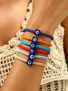 1 pièce Bracelet en corde tressée réglable avec cube œil maléfique pour femmes, bracelets de protection porte-bonheur colorés, bijoux bohèmes d'été de plage, cadeau de fête - Multicolore - Voir 1