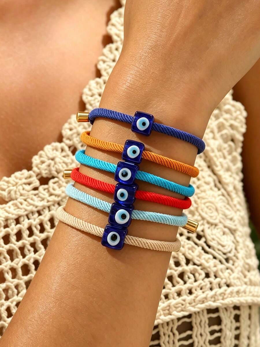 1 pièce Bracelet en corde tressée réglable avec cube œil maléfique pour femmes, bracelets de protection porte-bonheur colorés, bijoux bohèmes d'été de plage, cadeau de fête - Multicolore - Voir 1