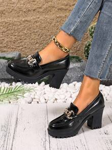 2026 Spring/Autumn New Women's High Heel Slip-On Pumps With Thick Heel, Fashion Buckle Work Shoes - Black - View 2