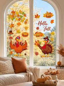 2pcs Thanksgiving Window Stickers, Removable Glass Decals, Cartoon Turkey Pumpkin Maple Leaf Hello Fall Pattern, Window Door Wall Party Decoration, For Adults, Thanksgiving Decor, Autumn Harvest Seasonal Holiday Decoration Supplies - Multicolor - View 4