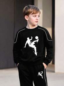 Boys Spring/Autumn Set, Raglan Sleeve, Soccer Print Crew Neck Long Sleeve Top + Casual Long Pants 2-Piece Outfit, Suitable For 4-12 Years Old Boys, Outdoor, Vacation - Black - View 4