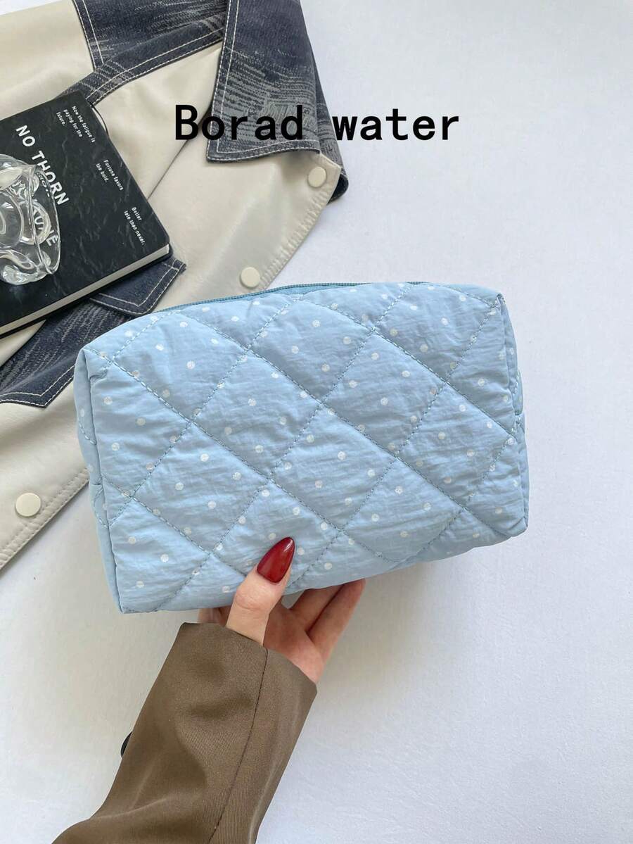 時尚多用途絎縫刺繡格紋加厚化妝包 學生鉛筆袋 波點圖案 休閒手提包 保暖羽絨填充小包