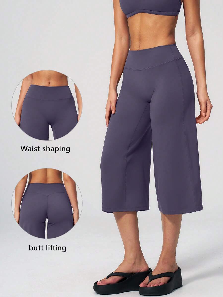 TimeOff Women's 1pc Solid Color Tummy Control Wide Leg Mid-Calf Sports Pants - Purple - View 1