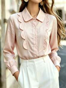 Blus Wanita Lengan Panjang Kancing Depan Berkerut Gaya Preppy Warna Polos, Cocok untuk Kantor, Rumah, Liburan, Hari Raya, Pakaian Sehari-hari, Semua Musim - Baby Pink - View 4