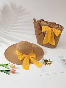Set Topi Jerami dan Tas Anyaman Wanita, Topi Jerami Bertepi Lebar dengan Bagian Atas Datar Pelindung Matahari, Serbaguna untuk Perjalanan dan Fotografi - Topi khaki kuning - View 2