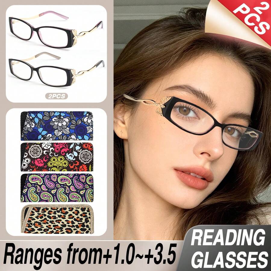 2Pcs Fashionable Small Frame Rectangular Reading Glasses, Unique Metal Butterfly Shaped Temple Design, With High-Quality Metal Hinges, Suitable For Women's Daily Reading Wear, Comes With High-Quality Glasses Storage Bag - White - View 1