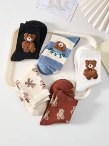 5 pares de calcetines de mujer con combinación multicolor, calcetines de media pantorrilla con doble capa de oso de peluche aterciopelado & patchwork a rayas, nuevo estilo para todas las estaciones - Multicolor - Ver 6