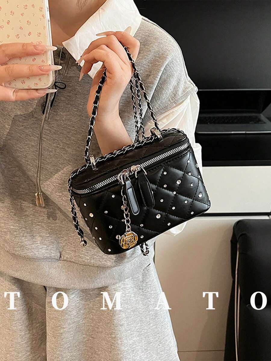 1pc Solid Color Small Square Handbag, Fashionable Box Bag, PU Leather Material, Pearl Decoration, Daily Use Bag, Office, Phone & Lipstick Storage Bag, Suitable For Women, College Students, Office, University, Work, Business, Commute