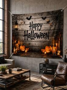 1pc Happy Halloween Backdrop, Pumpkin, Bat, Spider Web, Lantern And Rustic Wood Plank Print Polyester Rectangular Background Cloth With 4 Grommets For Living Room, Photo Booth, Haunted House, Party And Fall Decor - Multicolor - View 2