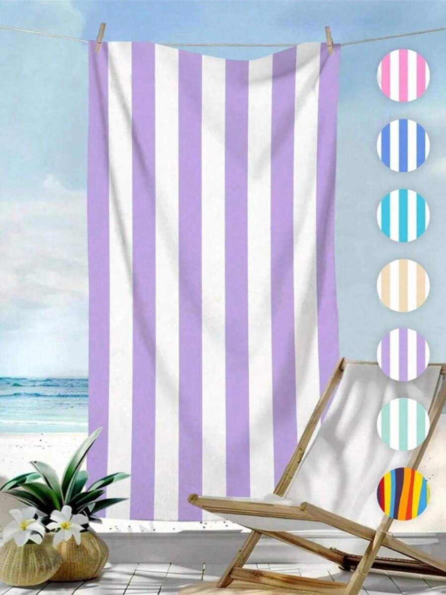 1pc Minimalist Striped Beach Towel, Ultra-Fine Fiber Large Quick-Dry Absorbent Sand-Proof Bath Towel, Travel Swimming Pool Yoga Fitness Sports Towel, Beach Swimming Accessories Vacation Essential Gift Beach Towel (Single-Sided Print) - Mauve Purple - View 1